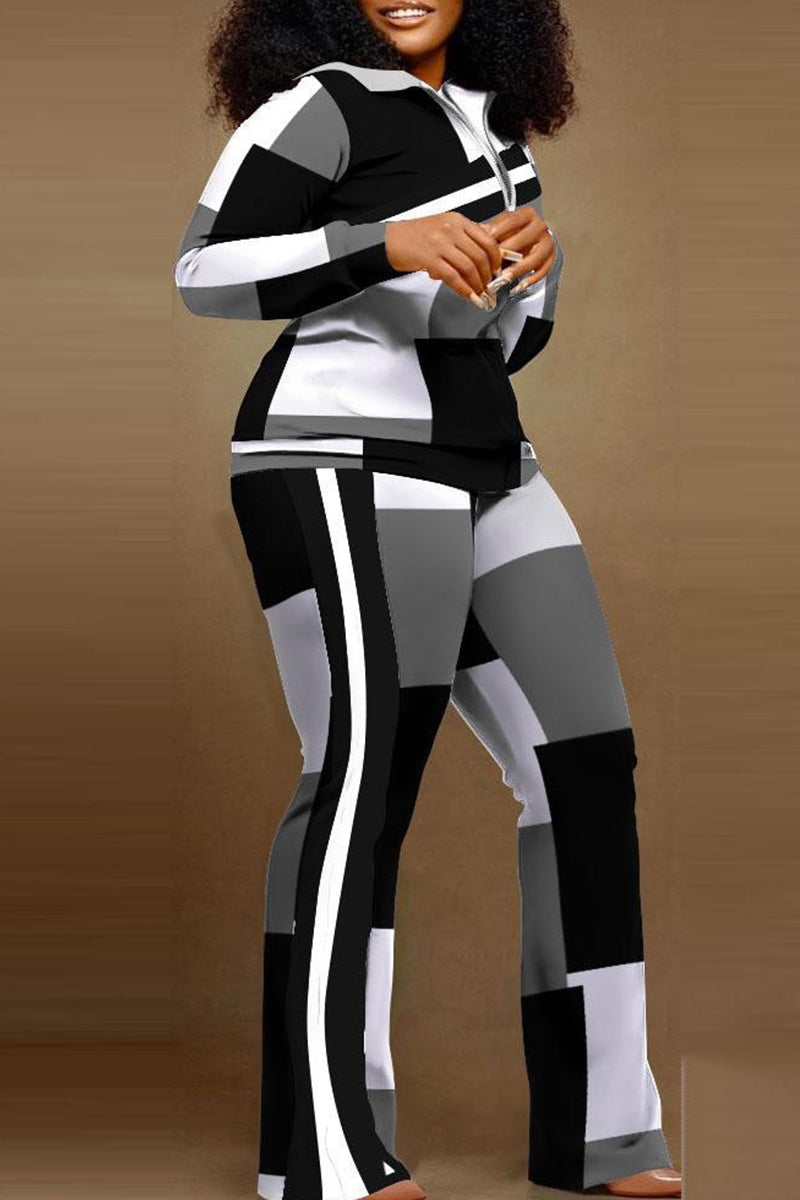 Black White Casual Plaid Patchwork Zipper Turndown Collar Plus Size Two Pieces