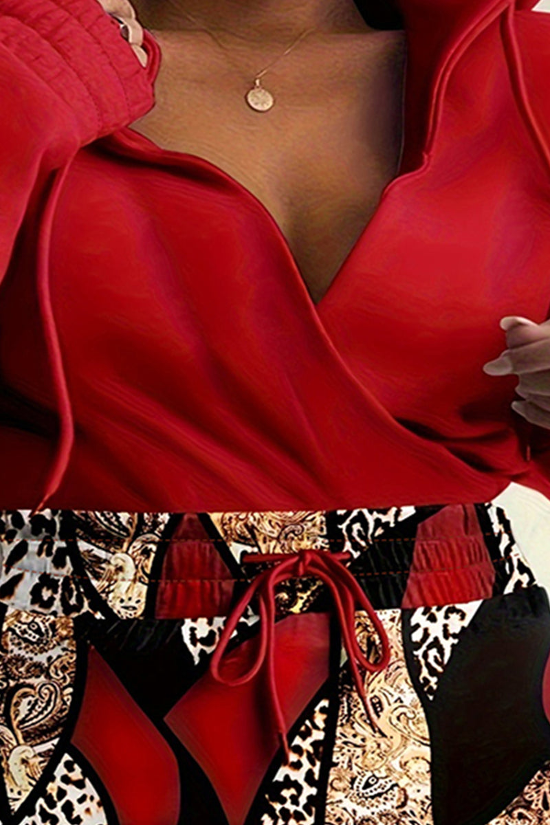 Red Elegant Patchwork Patchwork Draw String POLO collar Pencil Skirt Plus Size Dresses