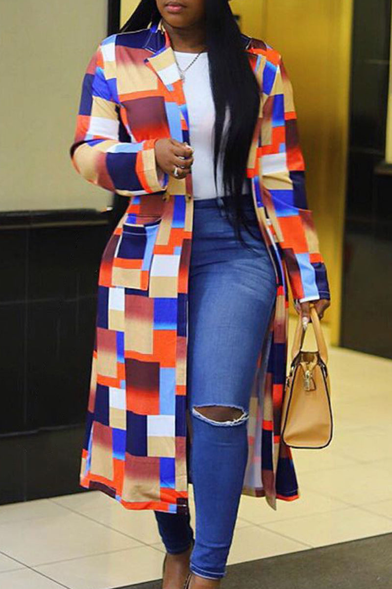 Multi-color Casual Color Block Patchwork Pocket Buckle Cardigan Collar Outerwear