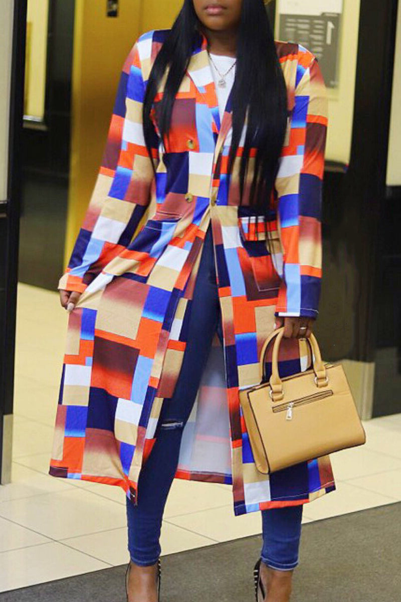 Multi-color Casual Color Block Patchwork Pocket Buckle Cardigan Collar Outerwear