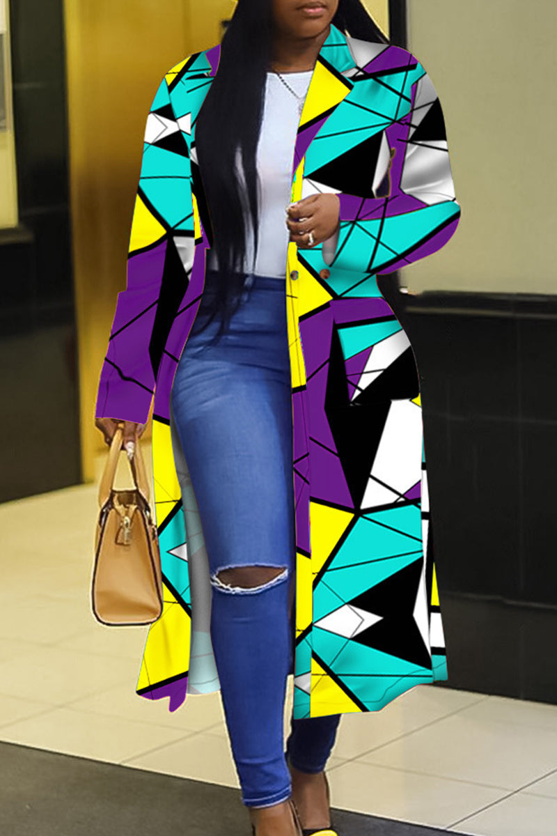 Multi-color Casual Color Block Patchwork Pocket Buckle Cardigan Collar Outerwear