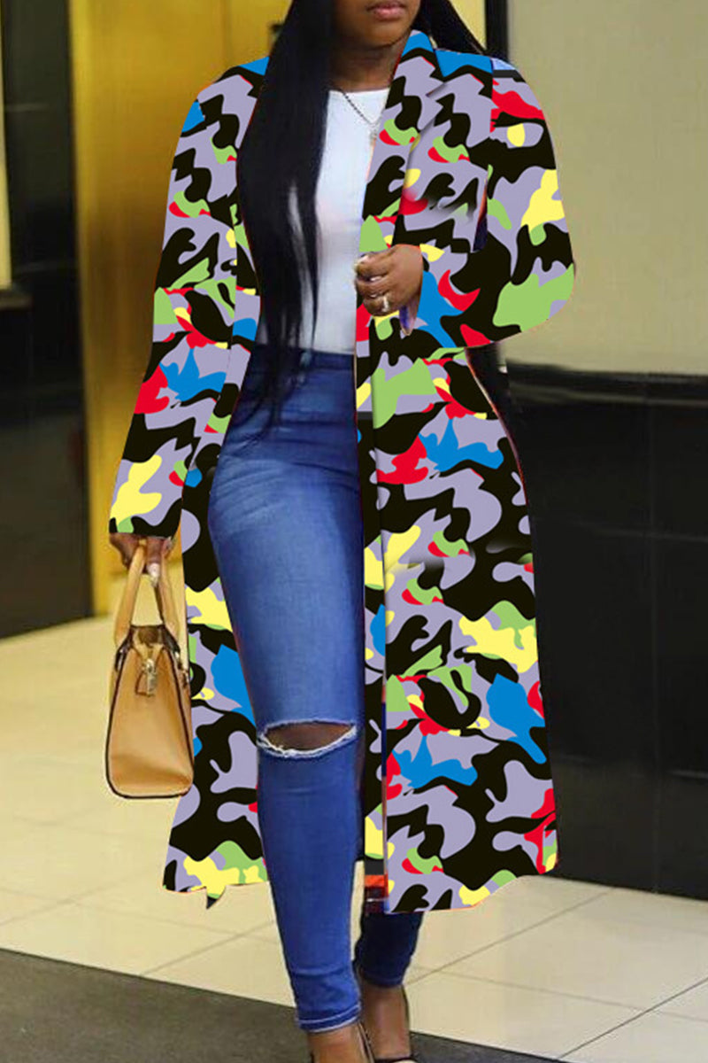 Multi-color Casual Color Block Patchwork Pocket Buckle Cardigan Collar Outerwear