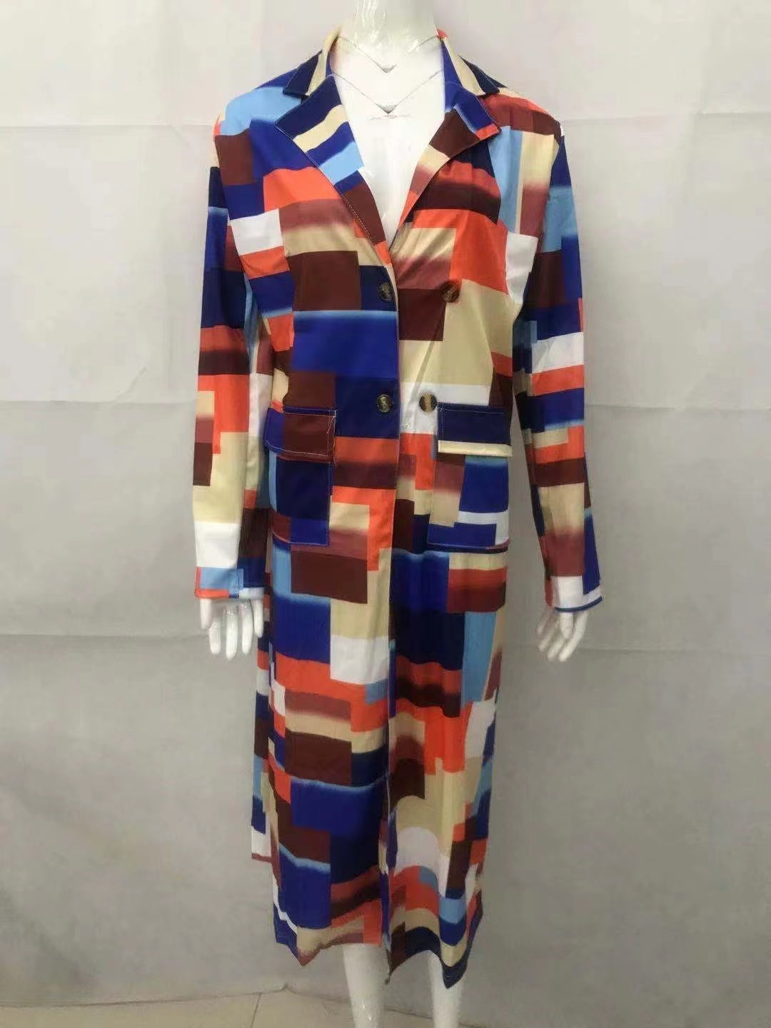 Multi-color Casual Color Block Patchwork Pocket Buckle Cardigan Collar Outerwear