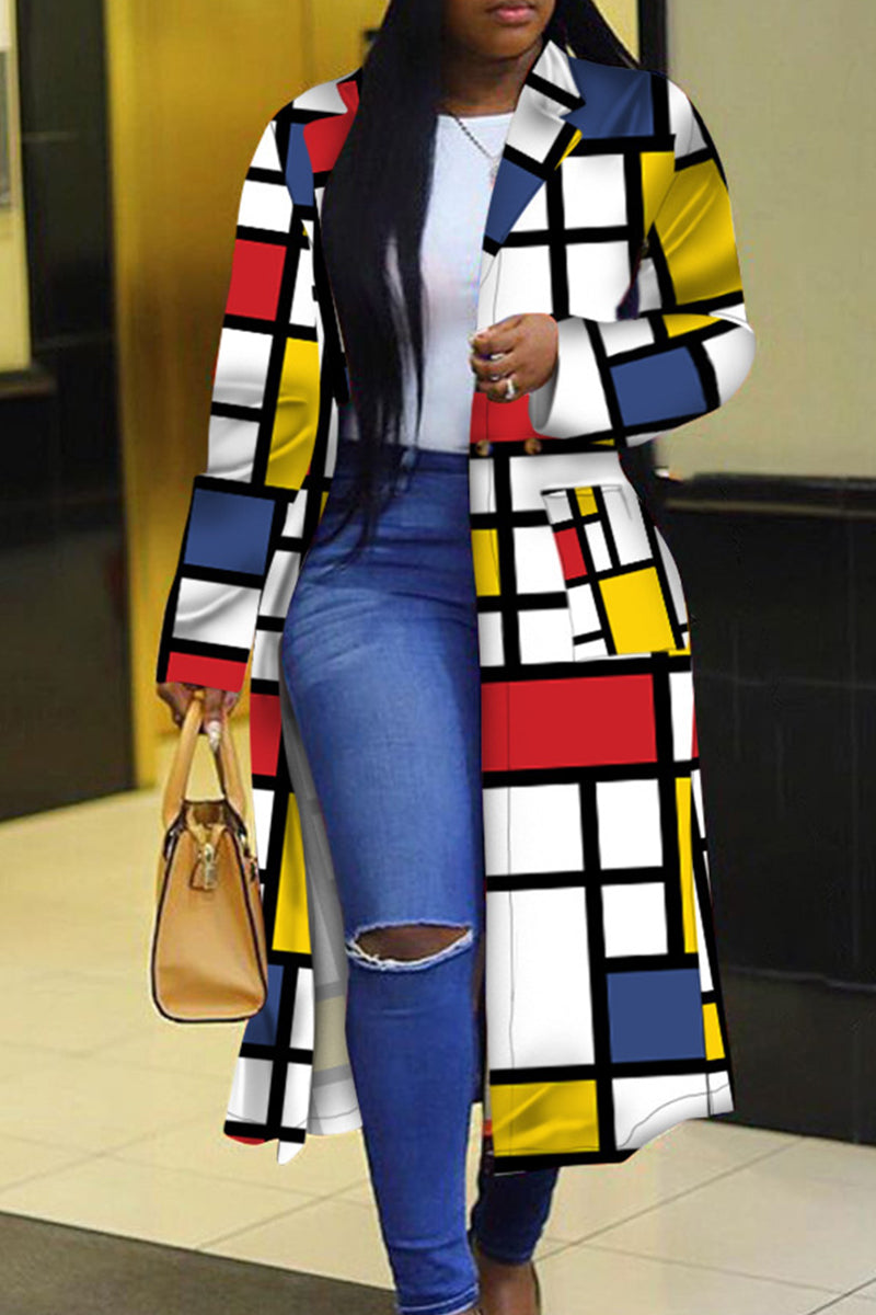 Multi-color Casual Color Block Patchwork Pocket Buckle Cardigan Collar Outerwear