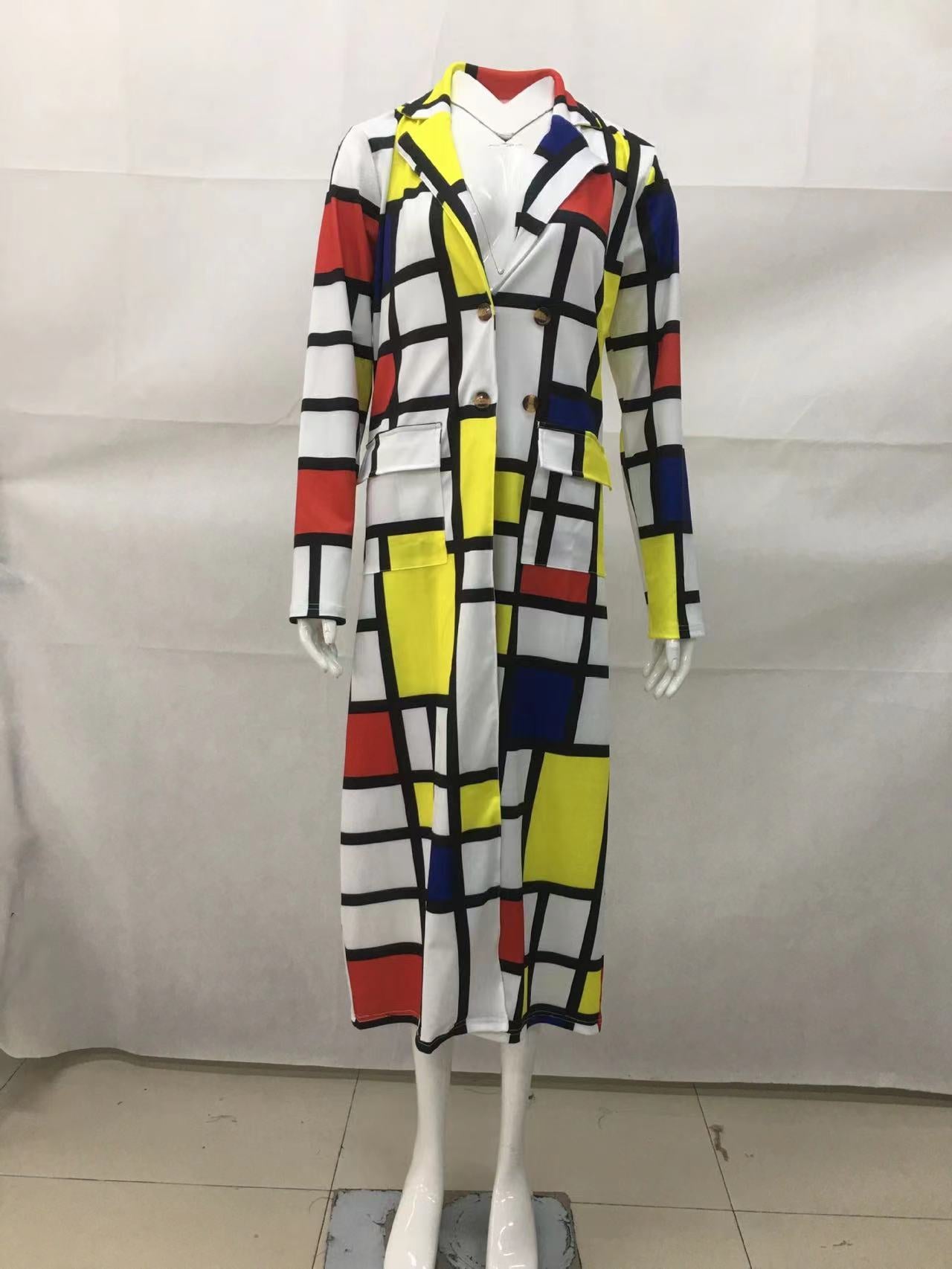 Multi-color Casual Color Block Patchwork Pocket Buckle Cardigan Collar Outerwear