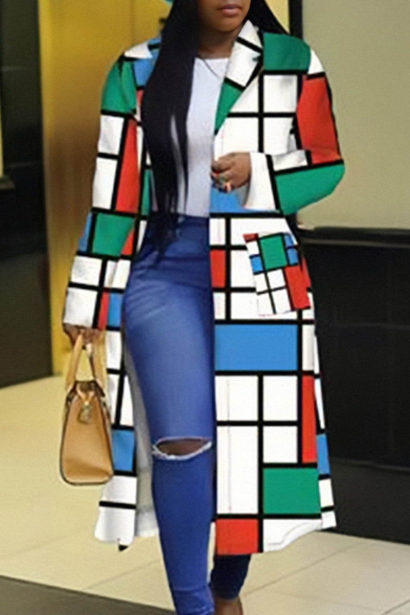 Multi-color Casual Color Block Patchwork Pocket Buckle Cardigan Collar Outerwear