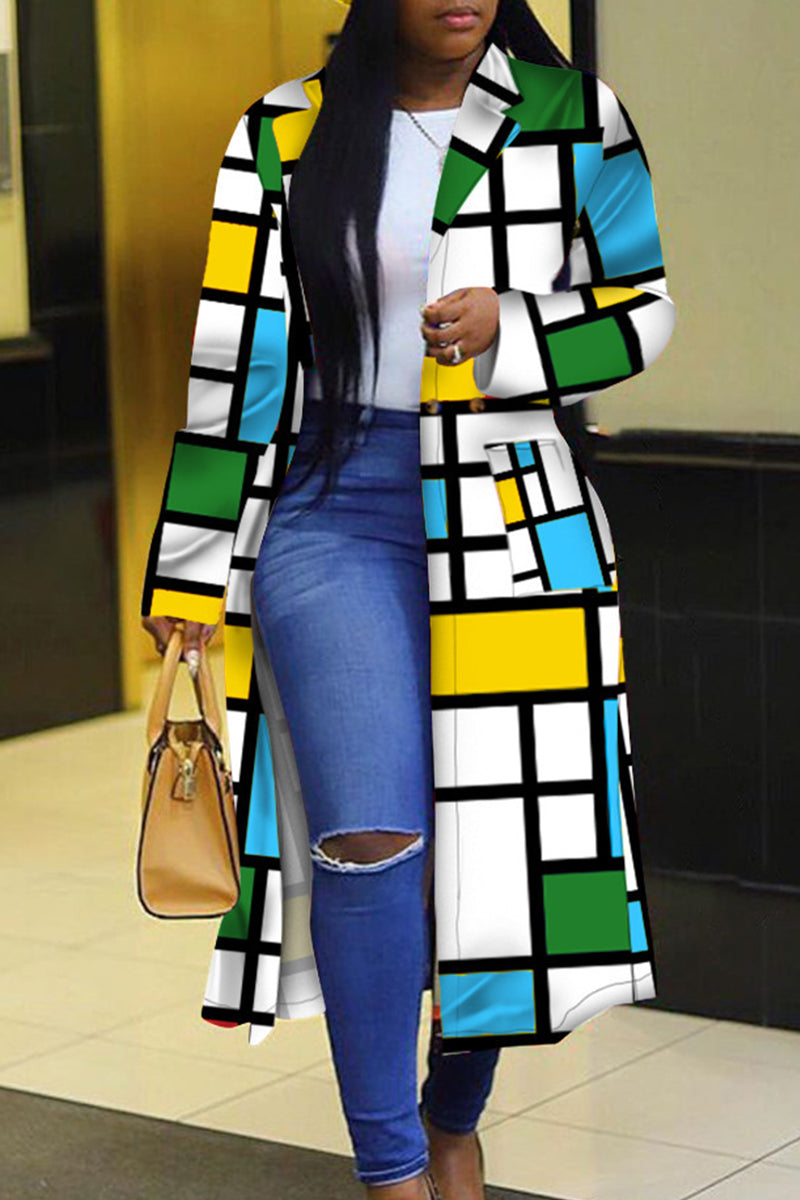 Multi-color Casual Color Block Patchwork Pocket Buckle Cardigan Collar Outerwear