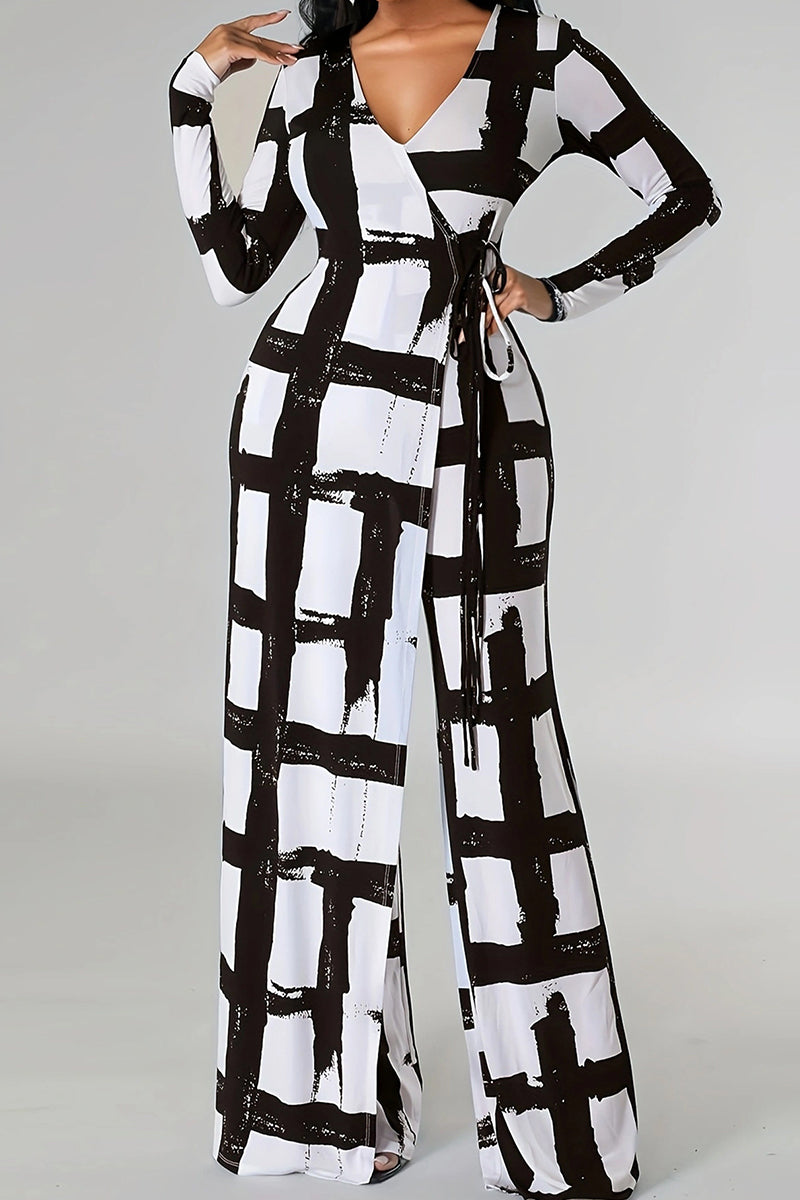 Black Elegant Print Bandage Patchwork V Neck Plus Size Jumpsuits