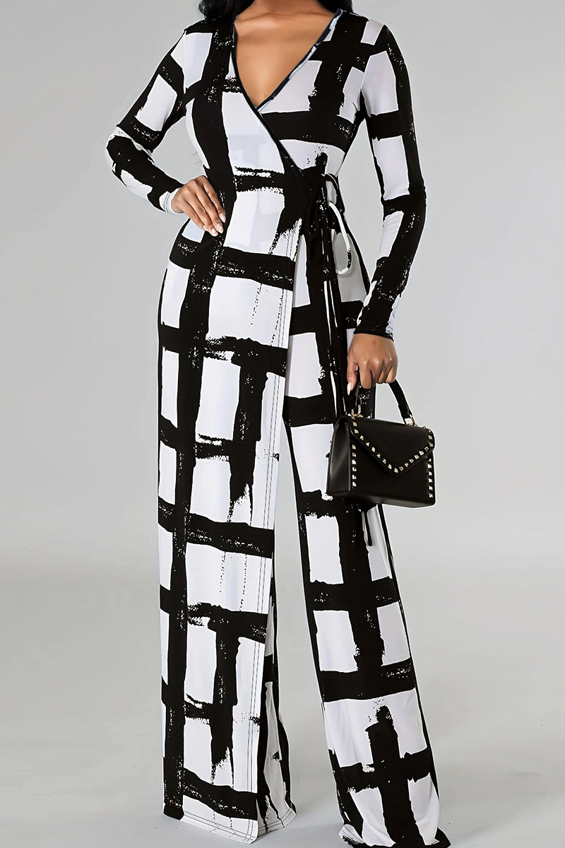 Black Elegant Print Bandage Patchwork V Neck Plus Size Jumpsuits