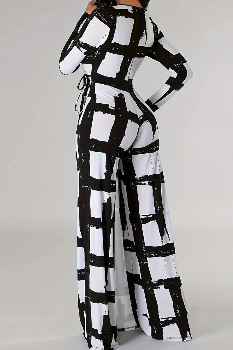 Black Elegant Print Bandage Patchwork V Neck Plus Size Jumpsuits