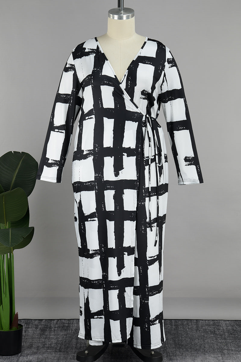 Black Elegant Print Bandage Patchwork V Neck Plus Size Jumpsuits