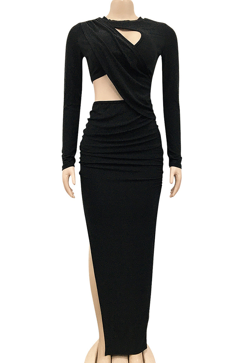 Sexy Solid Hollowed Out Patchwork Slit O Neck Irregular Dress Dresses