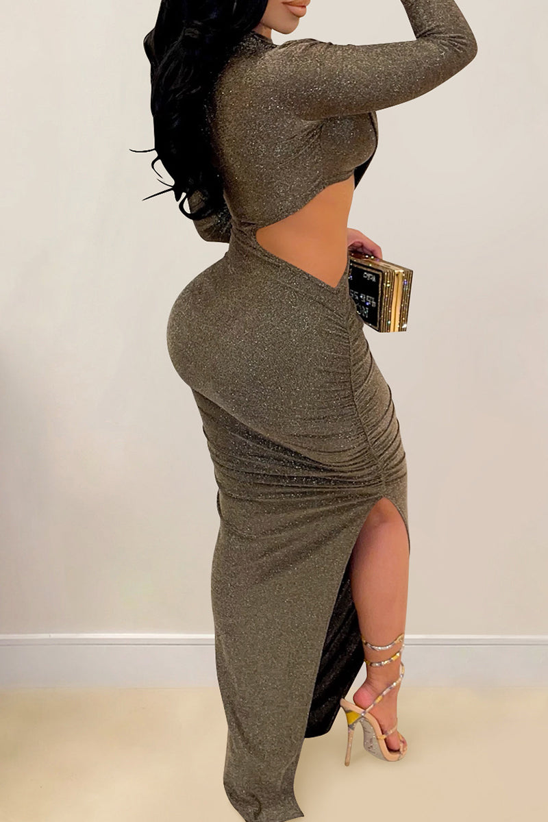 Sexy Solid Hollowed Out Patchwork Slit O Neck Irregular Dress Dresses
