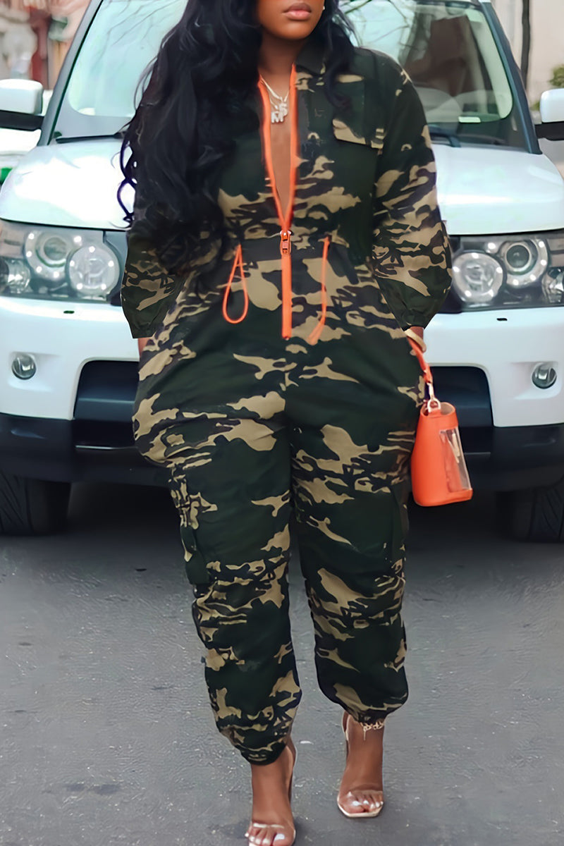 Army Green Street Camouflage Print Patchwork Draw String Pocket Zipper Zipper Collar Plus Size Jumpsuits