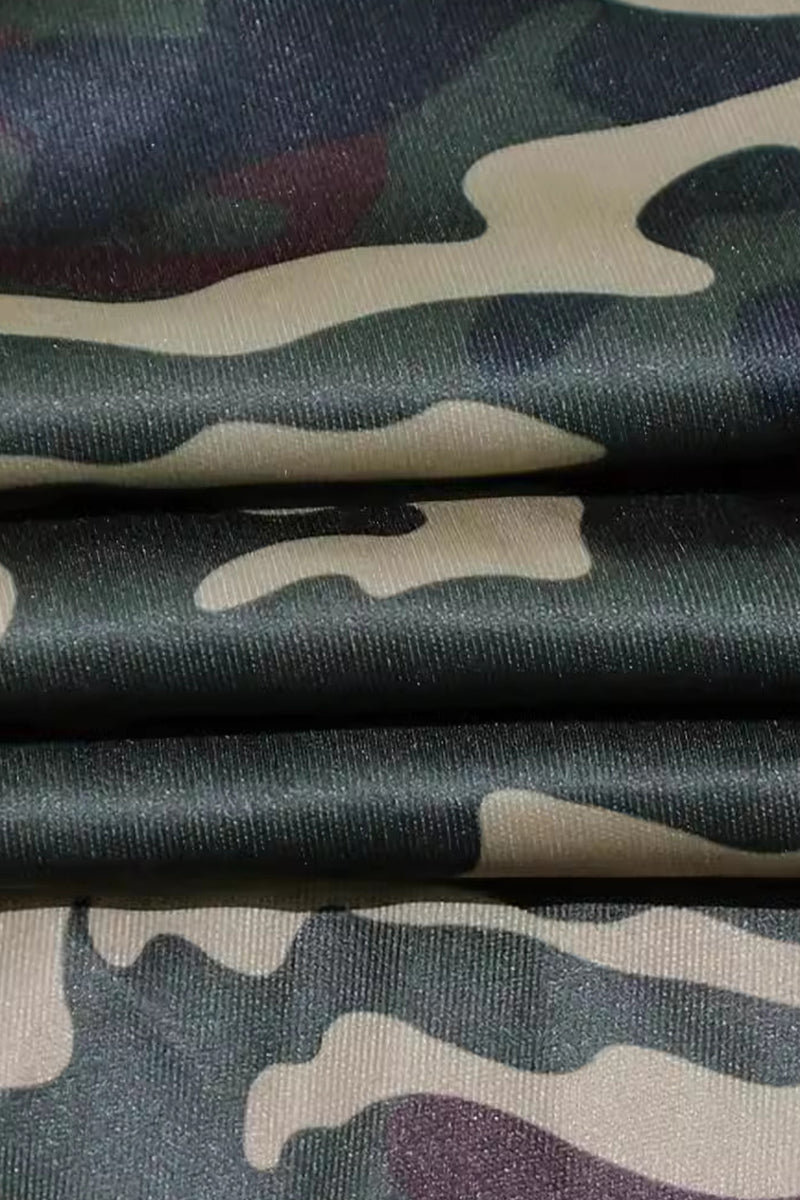 Army Green Street Camouflage Print Patchwork Draw String Pocket Zipper Zipper Collar Plus Size Jumpsuits