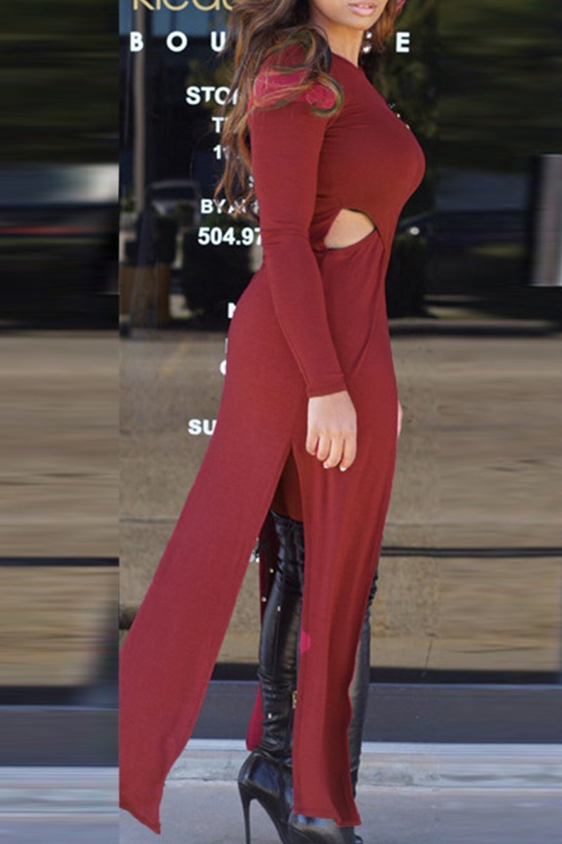 Long Sleeve · Elastic Waist. Casual Solid Hollowed Out Patchwork O Neck Long Sleeve Two Pieces