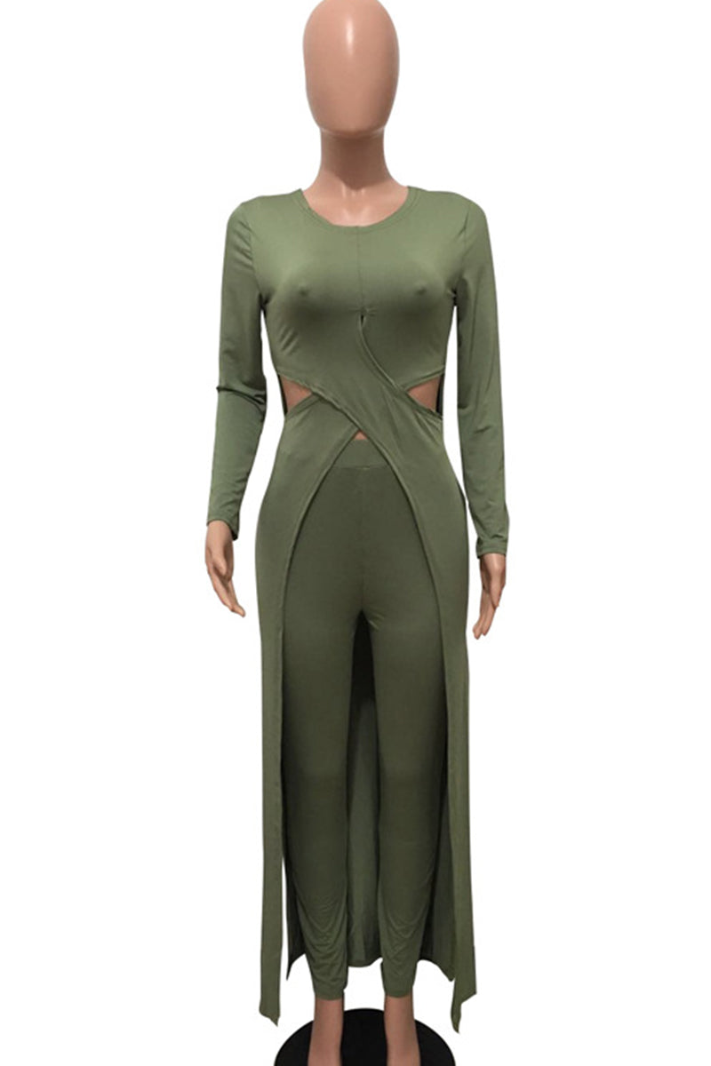 Long Sleeve · Elastic Waist. Casual Solid Hollowed Out Patchwork O Neck Long Sleeve Two Pieces