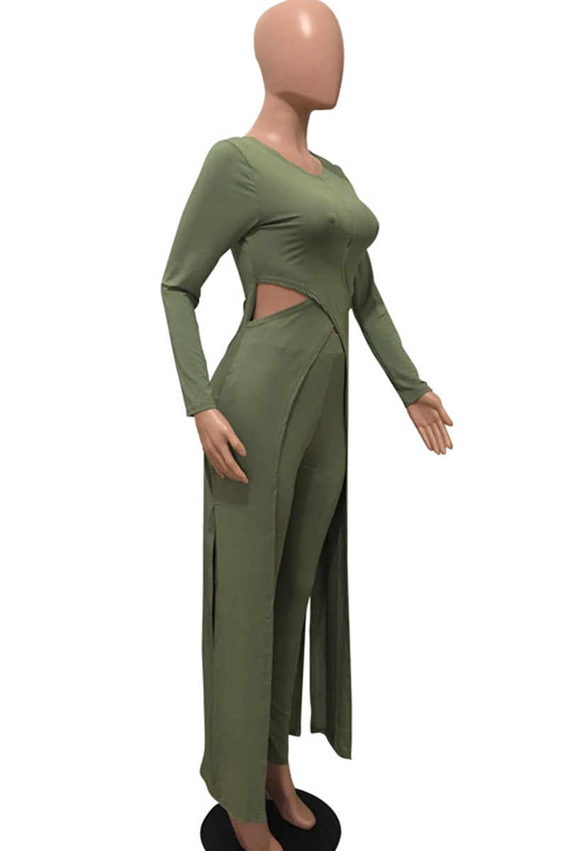 Long Sleeve · Elastic Waist. Casual Solid Hollowed Out Patchwork O Neck Long Sleeve Two Pieces