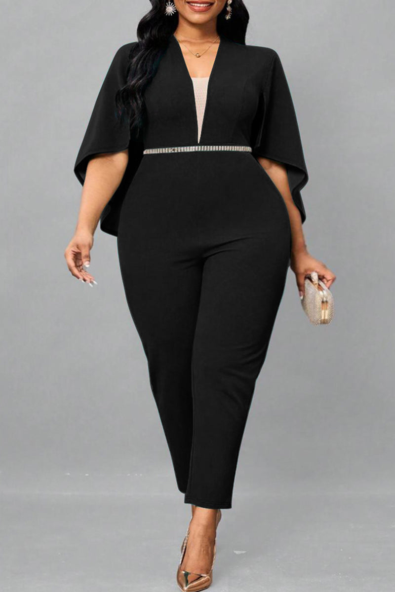 Black Sweet Solid Patchwork V Neck Plus Size Jumpsuits(No Belt)