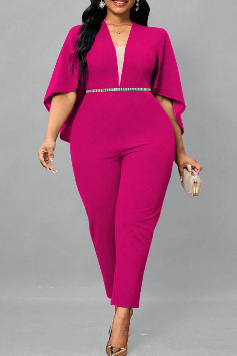 Black Sweet Solid Patchwork V Neck Plus Size Jumpsuits(No Belt)