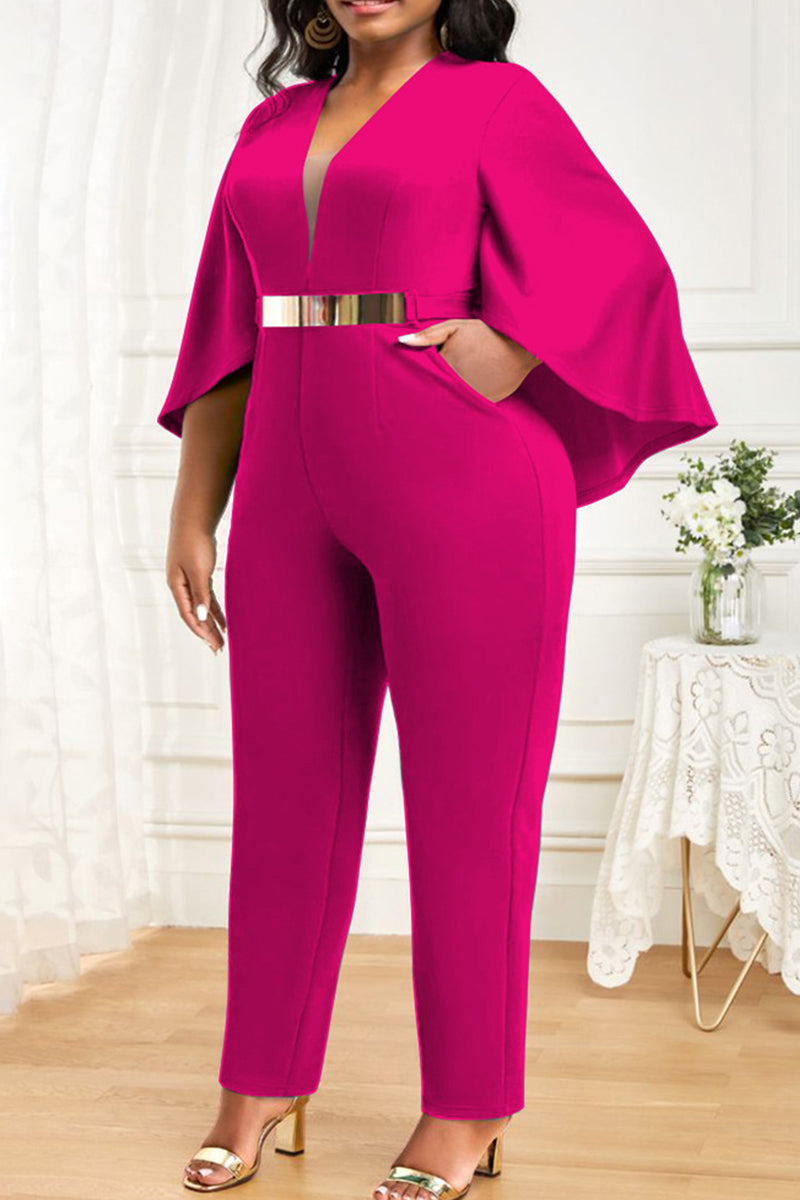 Black Sweet Solid Patchwork V Neck Plus Size Jumpsuits(No Belt)