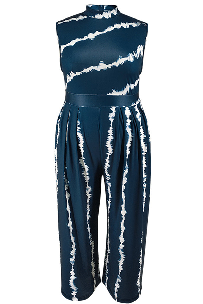 Navy Blue Sweet Print Patchwork Zipper O Neck Plus Size Jumpsuits