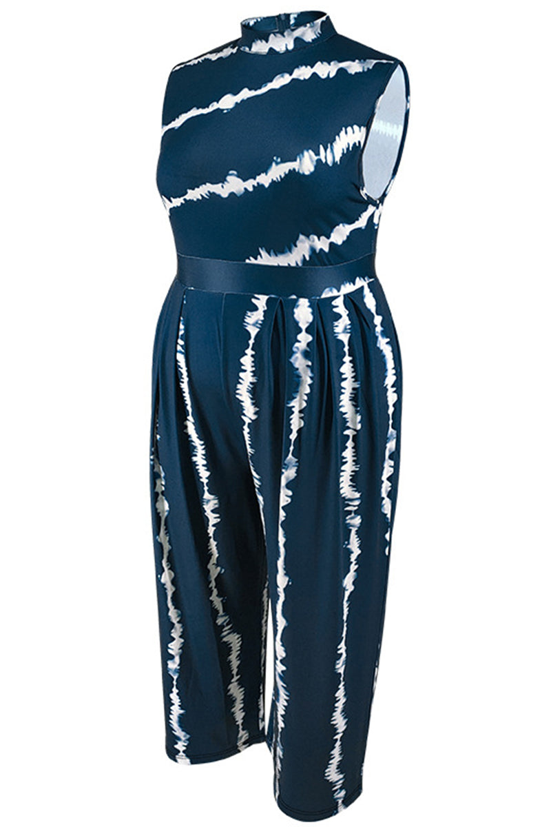 Navy Blue Sweet Print Patchwork Zipper O Neck Plus Size Jumpsuits