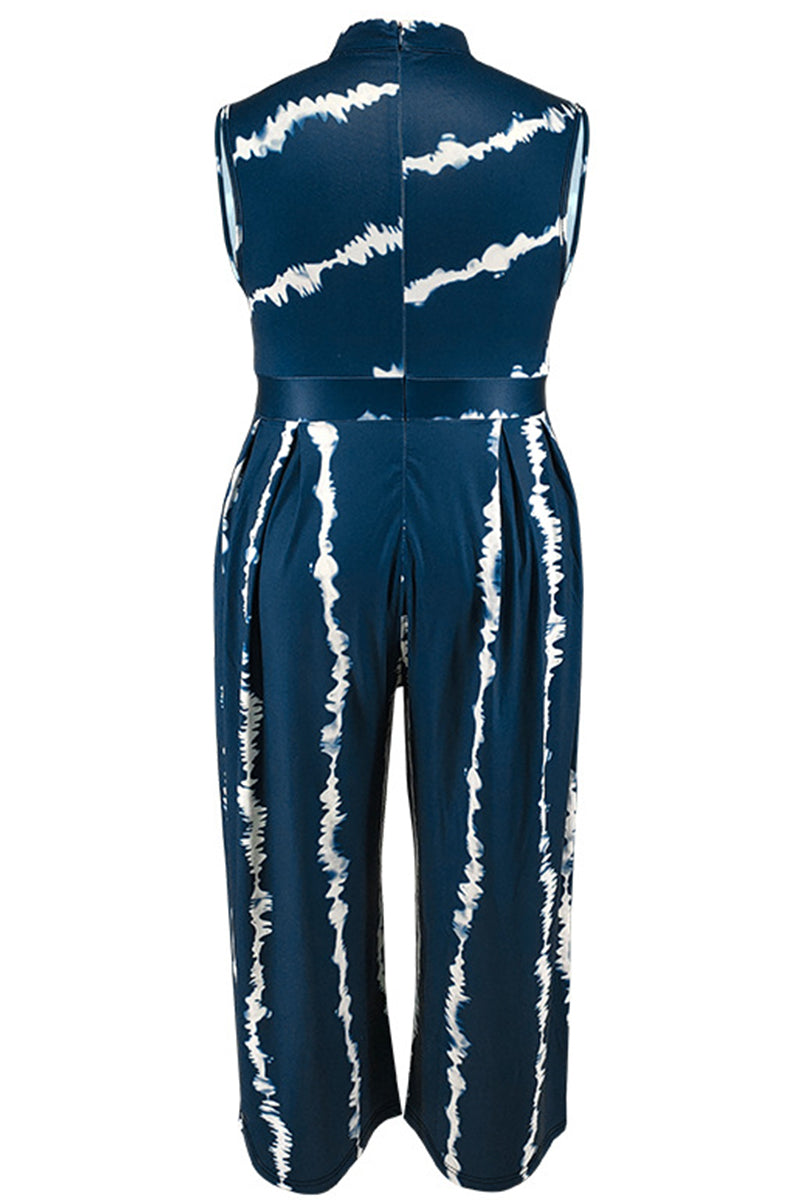 Navy Blue Sweet Print Patchwork Zipper O Neck Plus Size Jumpsuits