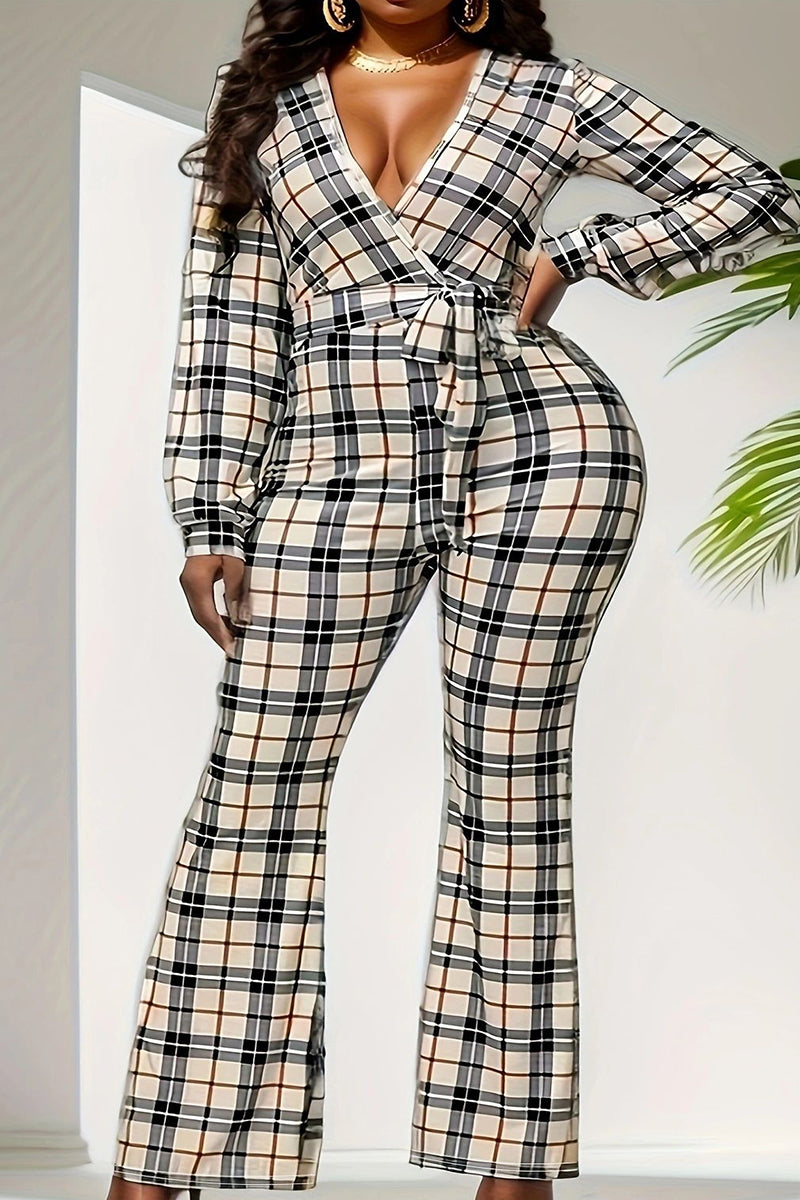 Multicolor Sexy Plaid Bandage Patchwork V Neck Plus Size Jumpsuits