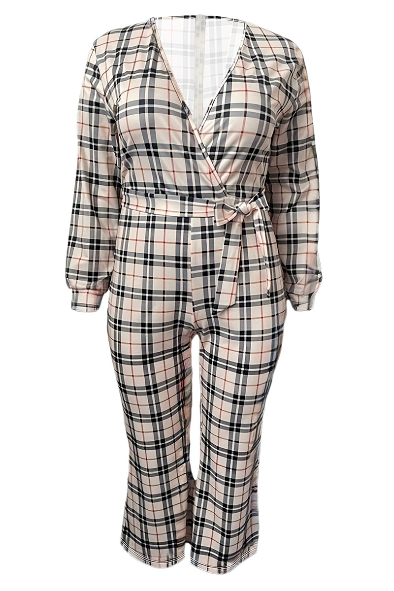 Multicolor Sexy Plaid Bandage Patchwork V Neck Plus Size Jumpsuits