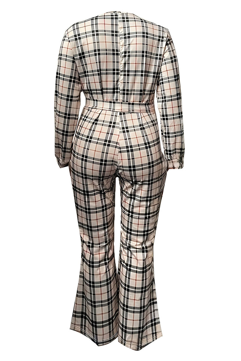 Multicolor Sexy Plaid Bandage Patchwork V Neck Plus Size Jumpsuits