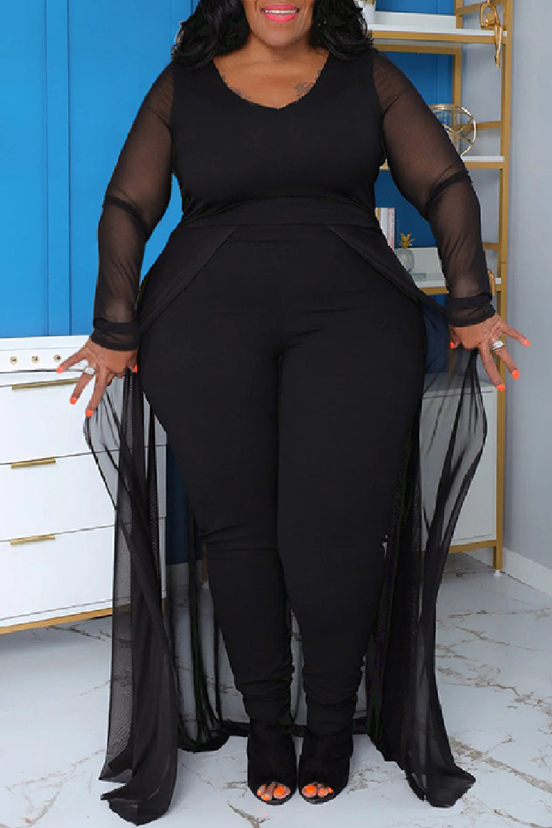 Black Casual Solid Patchwork V Neck Plus Size Jumpsuits
