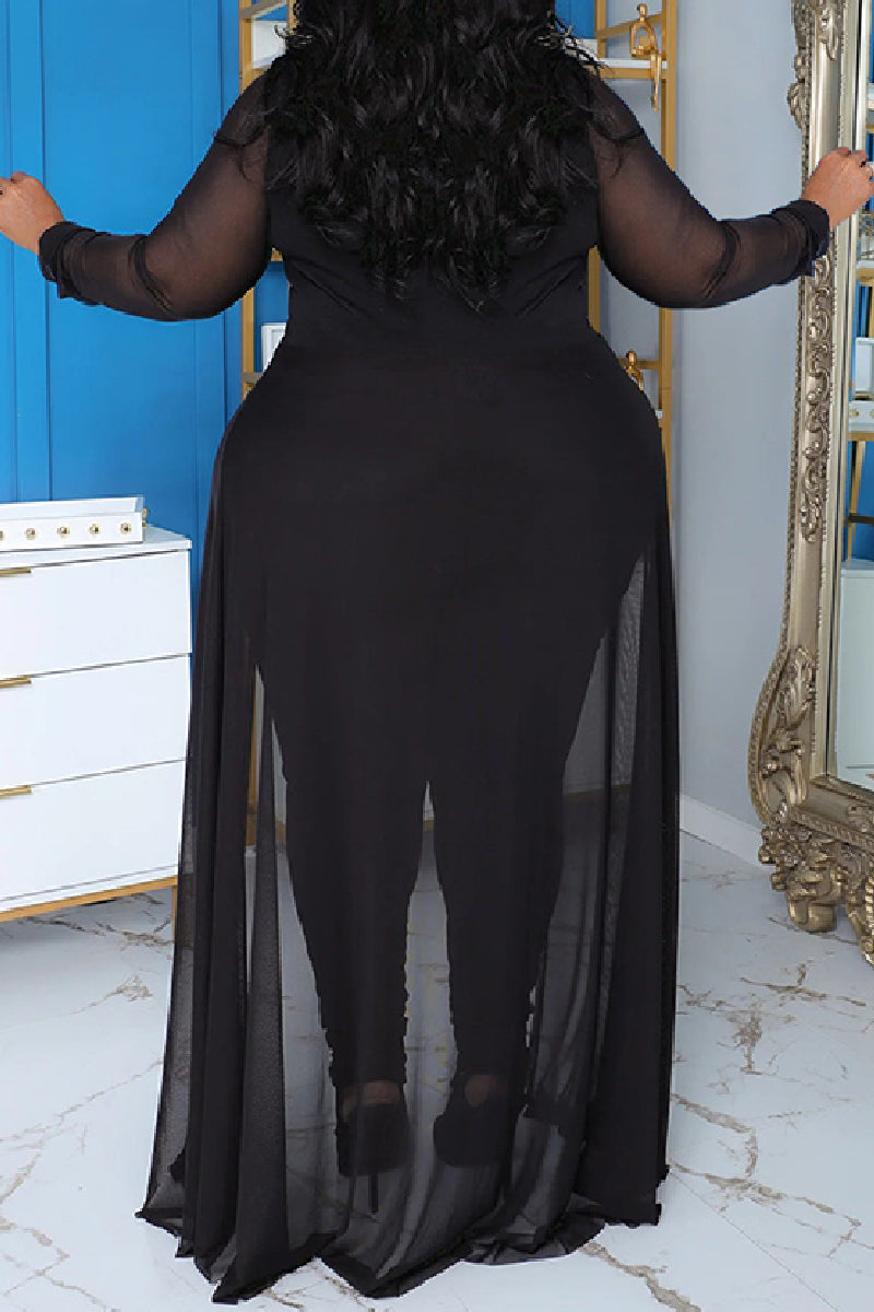 Black Casual Solid Patchwork V Neck Plus Size Jumpsuits