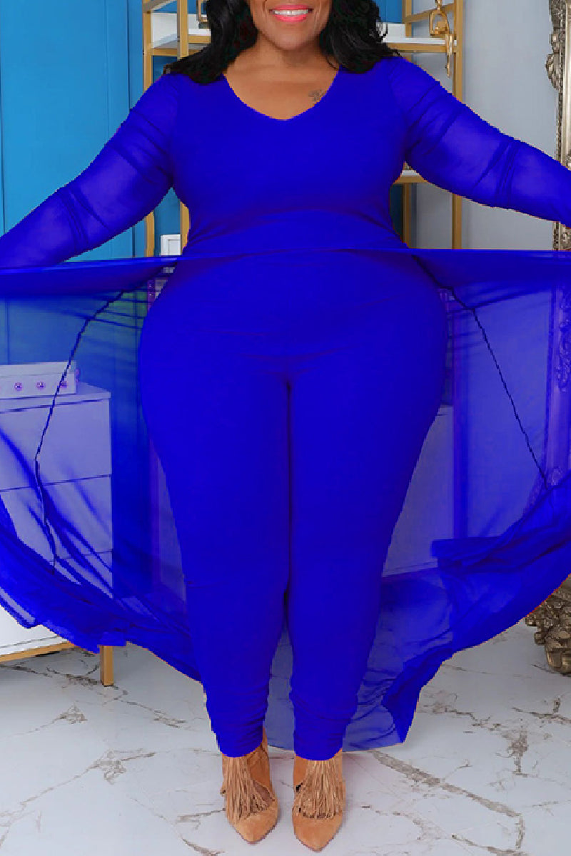 Black Casual Solid Patchwork V Neck Plus Size Jumpsuits