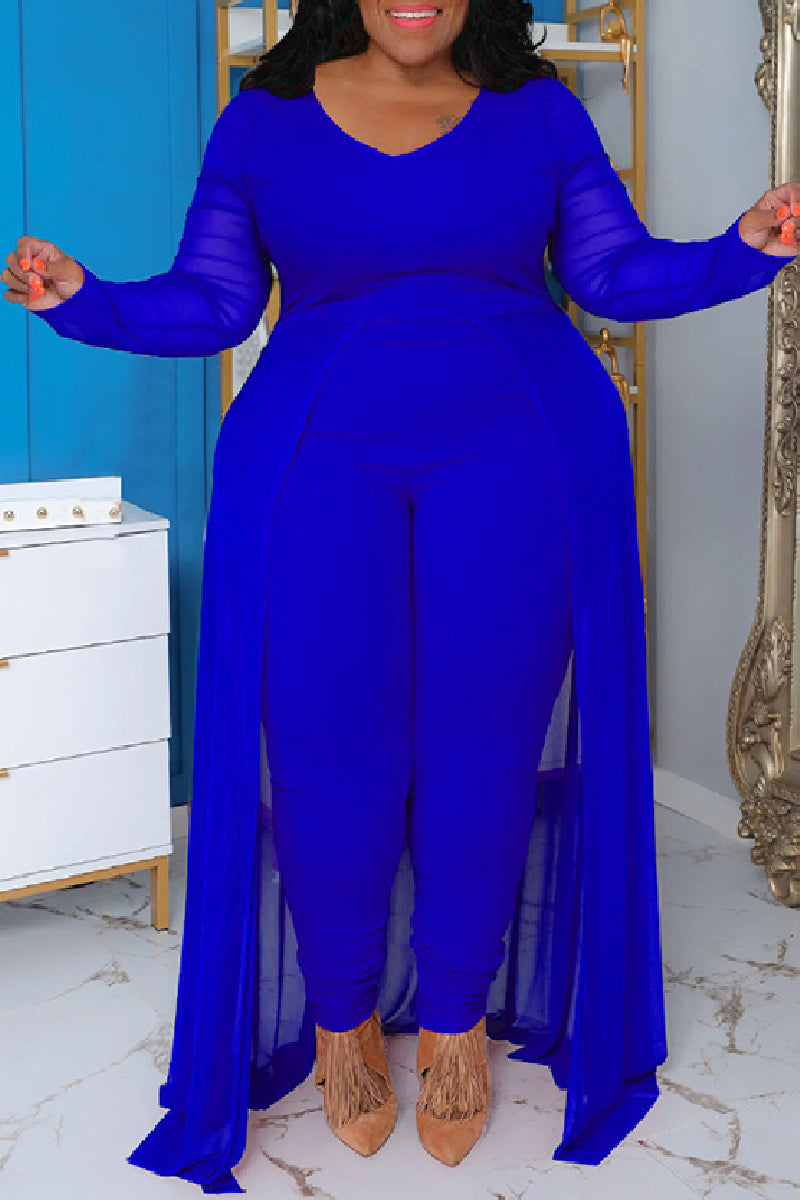 Black Casual Solid Patchwork V Neck Plus Size Jumpsuits