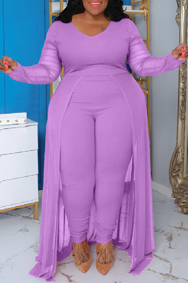 Black Casual Solid Patchwork V Neck Plus Size Jumpsuits