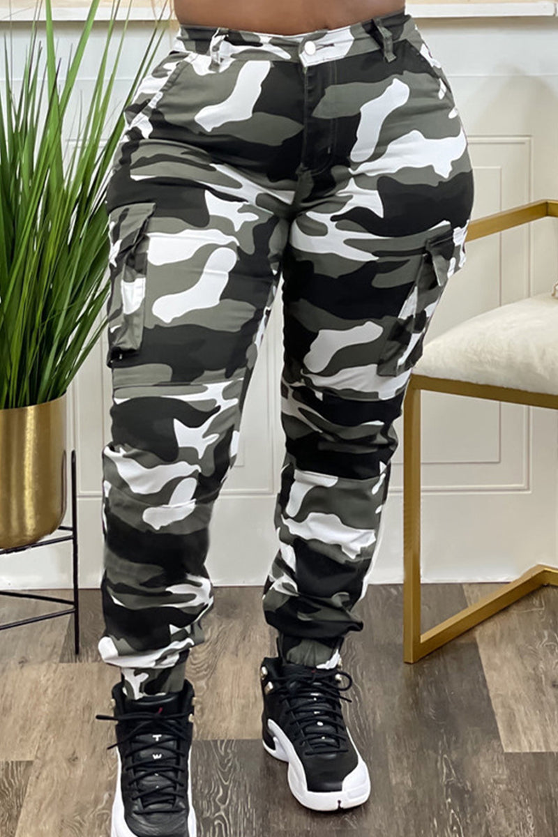 Green Street Camouflage Print Zipper Plus Size Skinny Cargo Pants