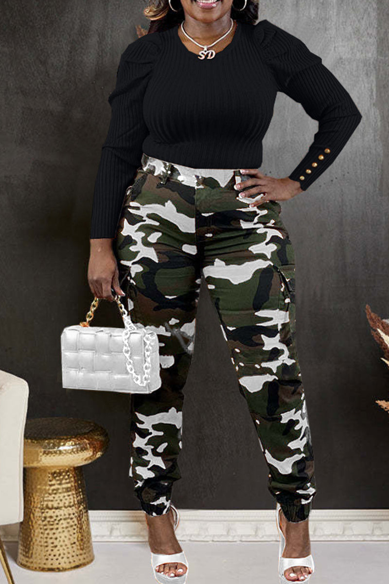 Green Street Camouflage Print Zipper Plus Size Skinny Cargo Pants