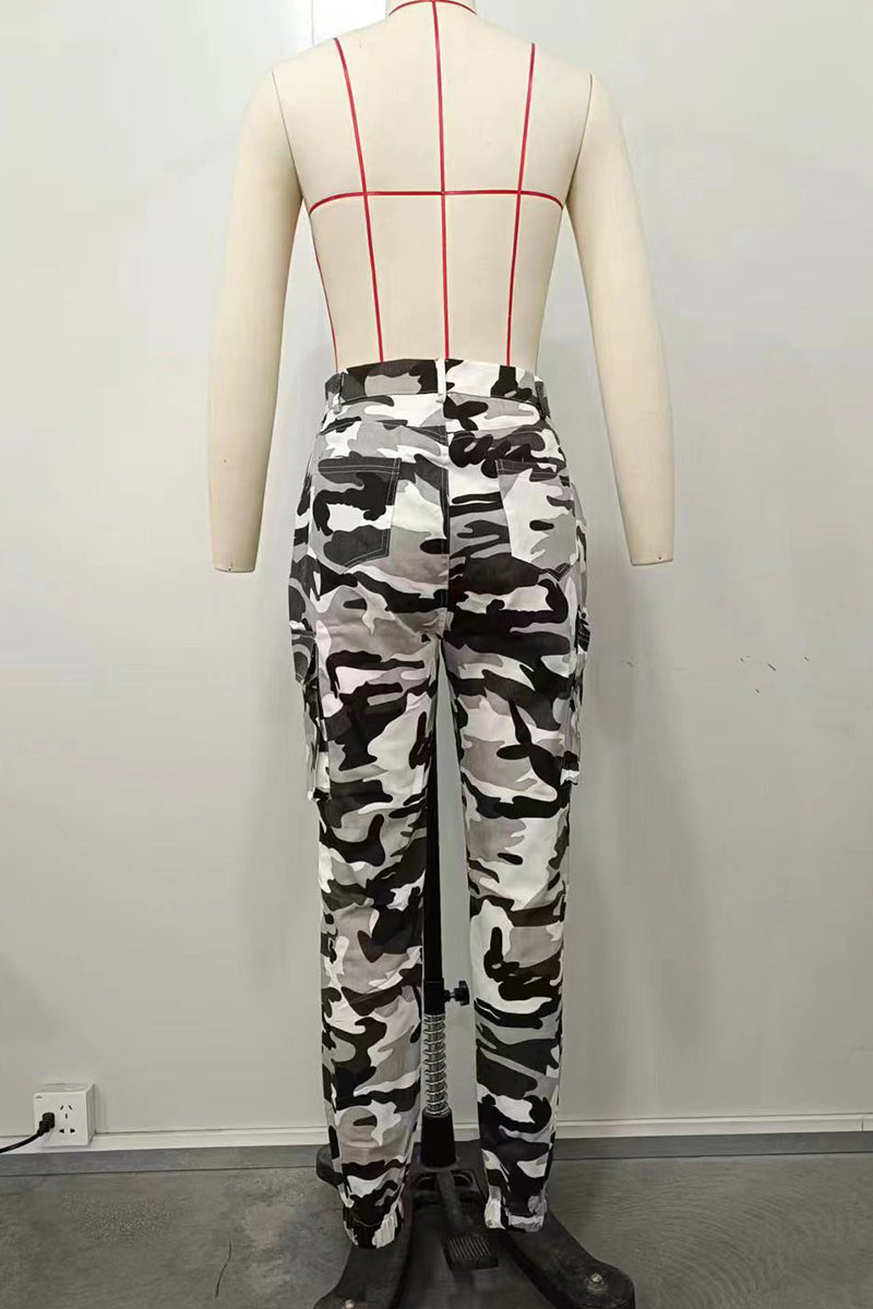 Green Street Camouflage Print Zipper Plus Size Skinny Cargo Pants