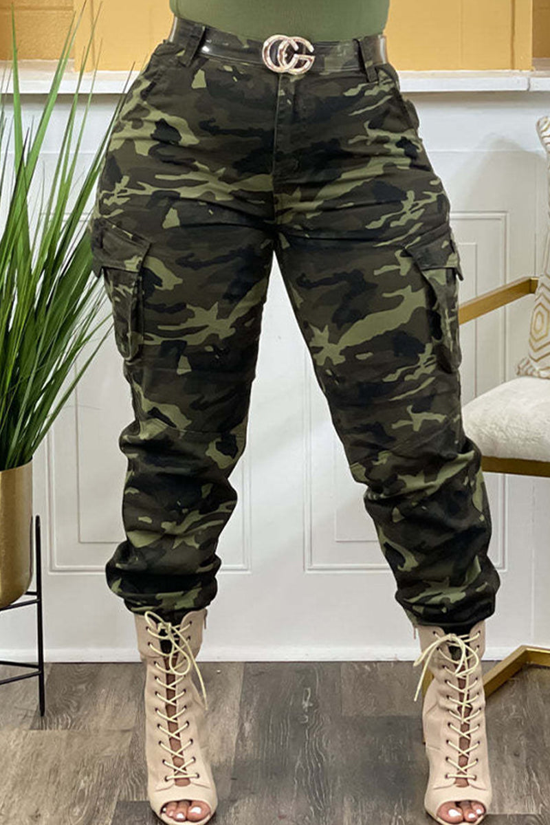 Green Street Camouflage Print Zipper Plus Size Skinny Cargo Pants