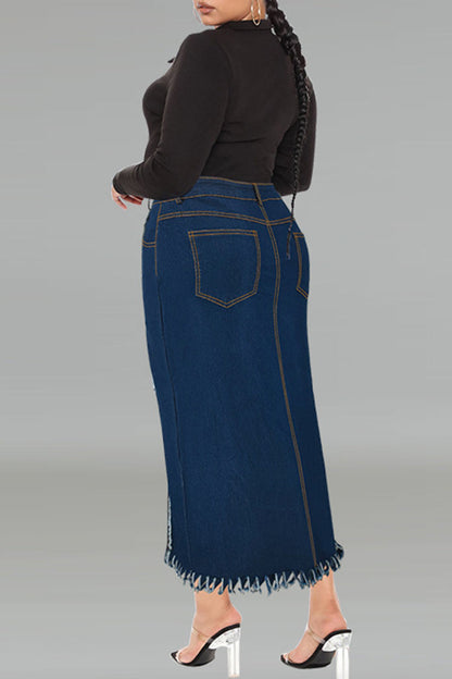 Deep Blue Street Solid Color Buttons Patchwork Slit Zipper Plus Size Skirt