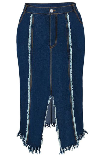 Deep Blue Street Solid Color Buttons Patchwork Slit Zipper Plus Size Skirt