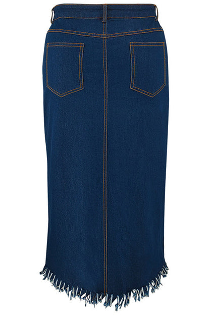 Deep Blue Street Solid Color Buttons Patchwork Slit Zipper Plus Size Skirt