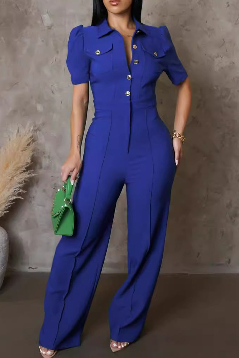 Blue Formal Turndown Collar Long Sleeve Pocket Buckle Evening Party Office Lady Wide Leg Jumpsuits