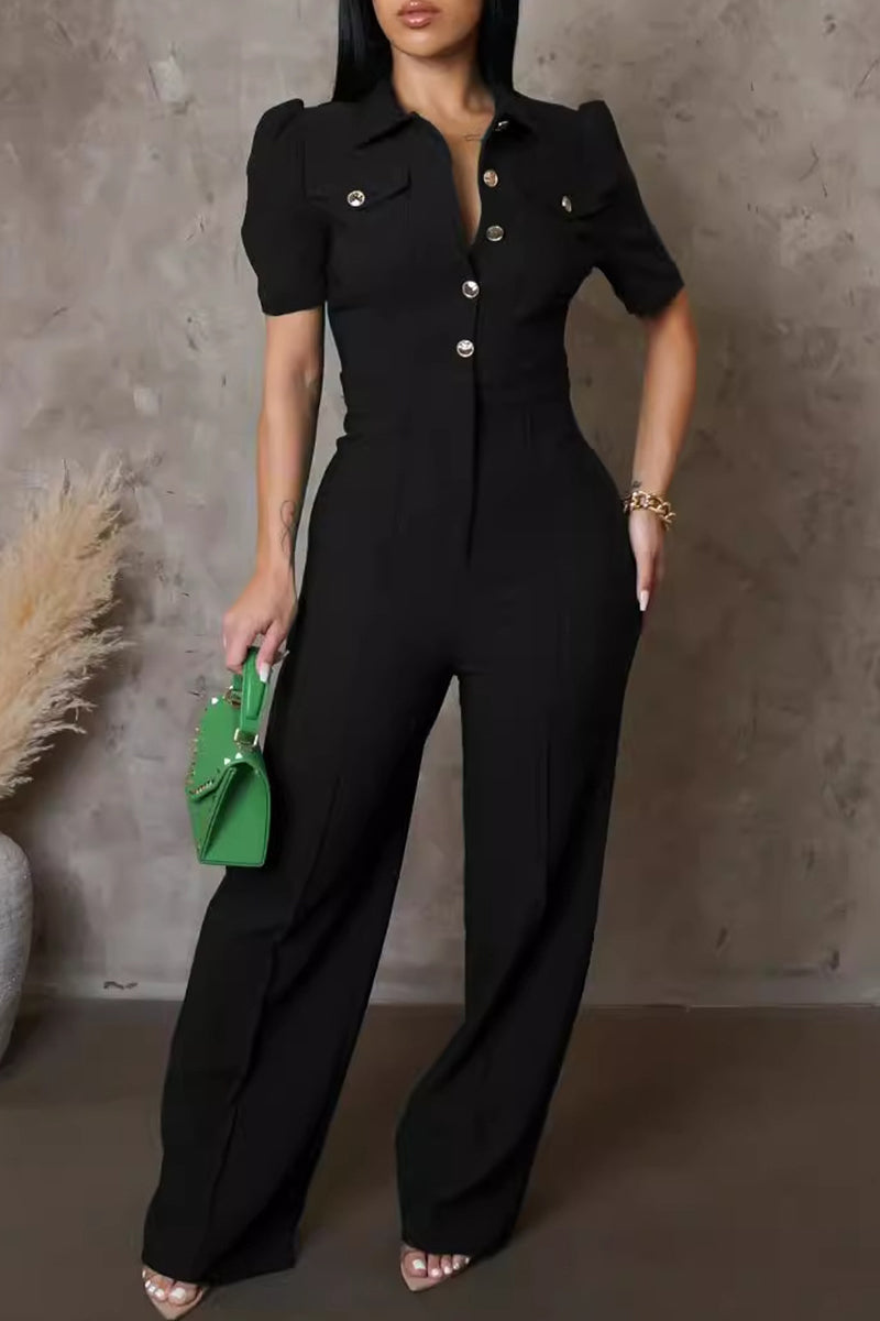 Blue Formal Turndown Collar Long Sleeve Pocket Buckle Evening Party Office Lady Wide Leg Jumpsuits