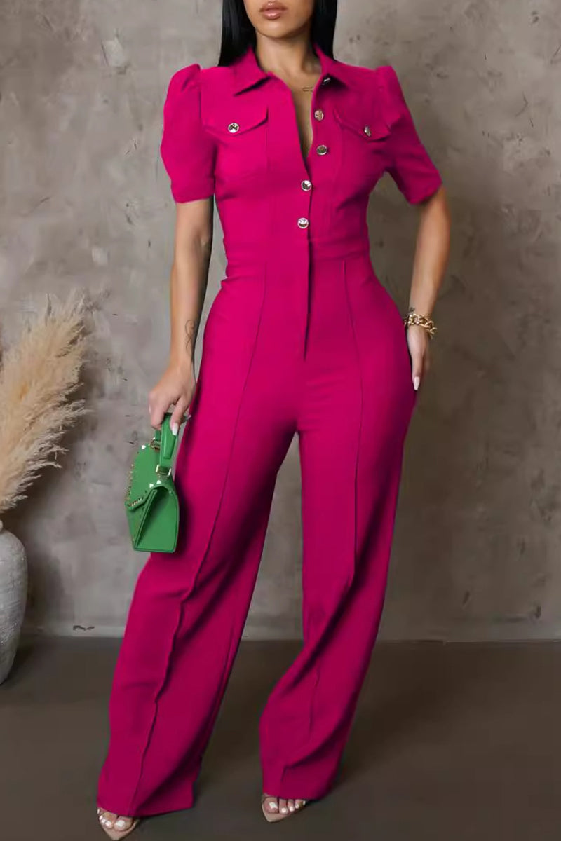 Blue Formal Turndown Collar Long Sleeve Pocket Buckle Evening Party Office Lady Wide Leg Jumpsuits