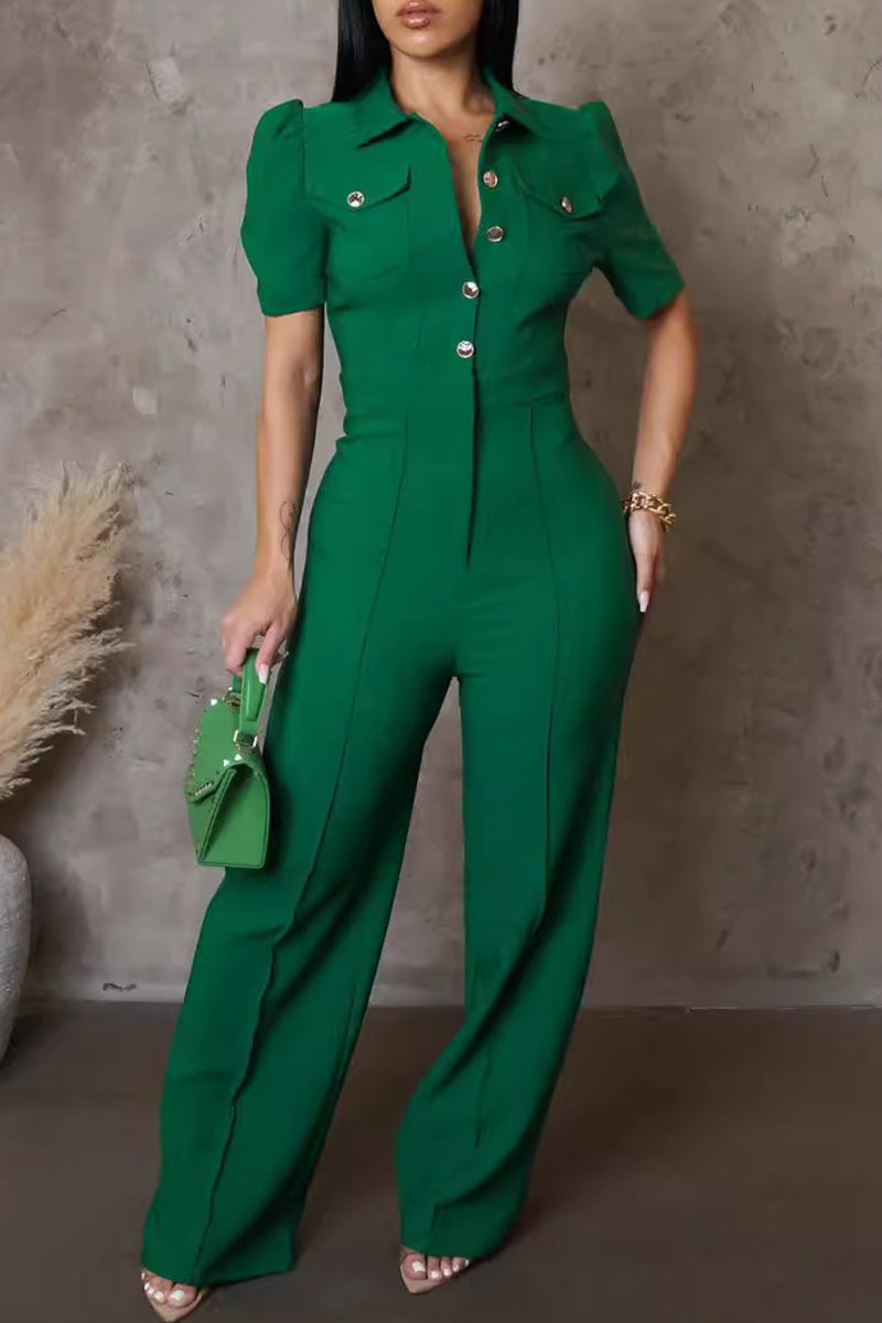 Blue Formal Turndown Collar Long Sleeve Pocket Buckle Evening Party Office Lady Wide Leg Jumpsuits