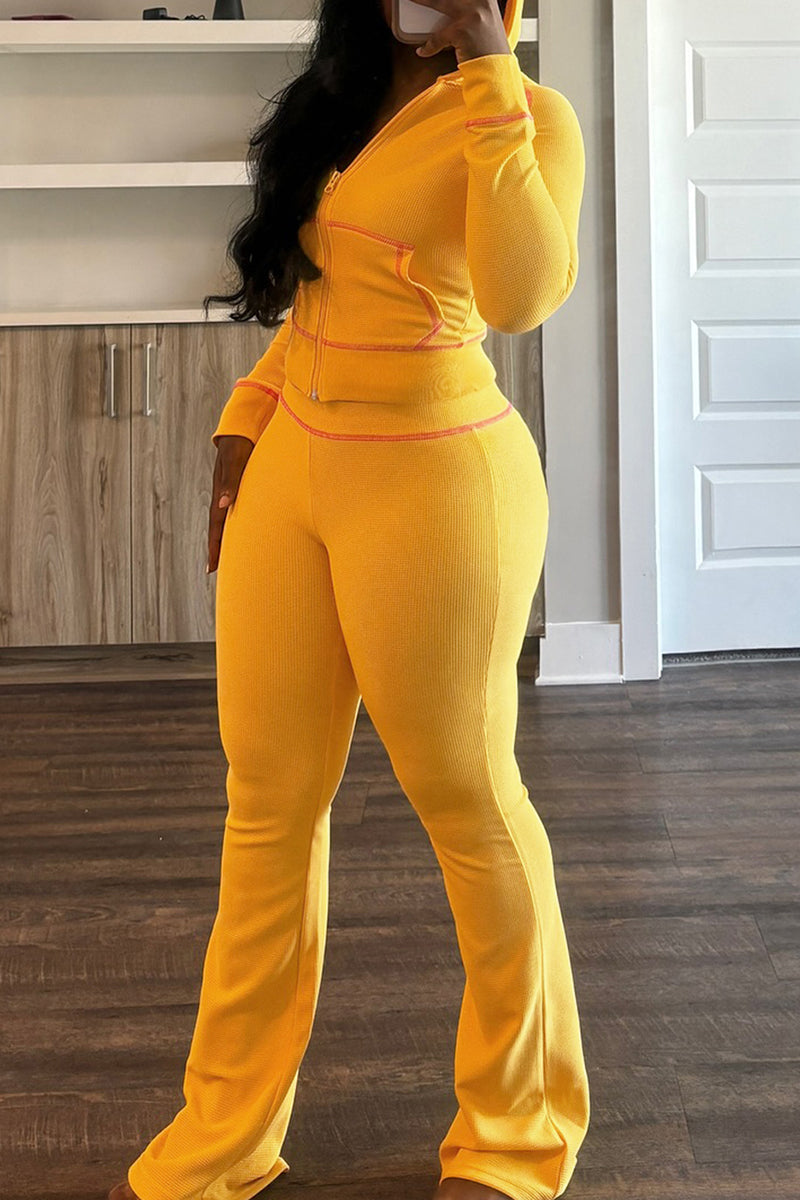 Hooded Long Sleeve Pocket Zipper Crop Jackets And Flare Leg Pants Two Pieces Jogger Sets