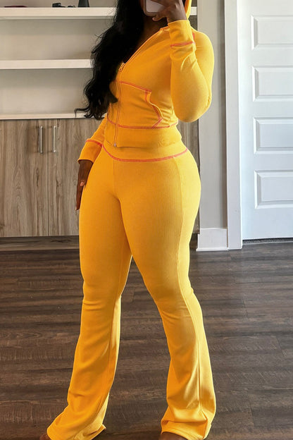 Hooded Long Sleeve Pocket Zipper Crop Jackets And Flare Leg Pants Two Pieces Jogger Sets