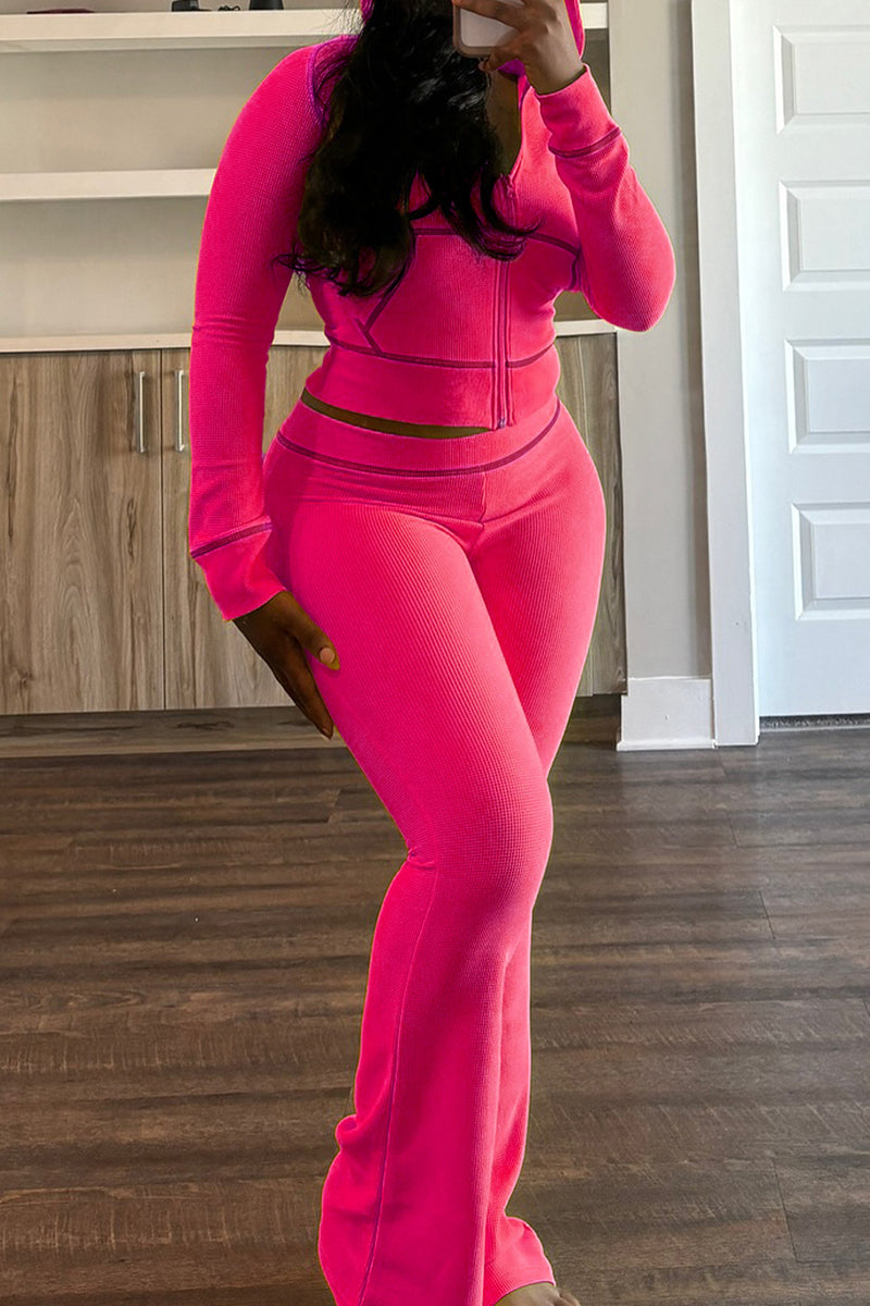 Hooded Long Sleeve Pocket Zipper Crop Jackets And Flare Leg Pants Two Pieces Jogger Sets